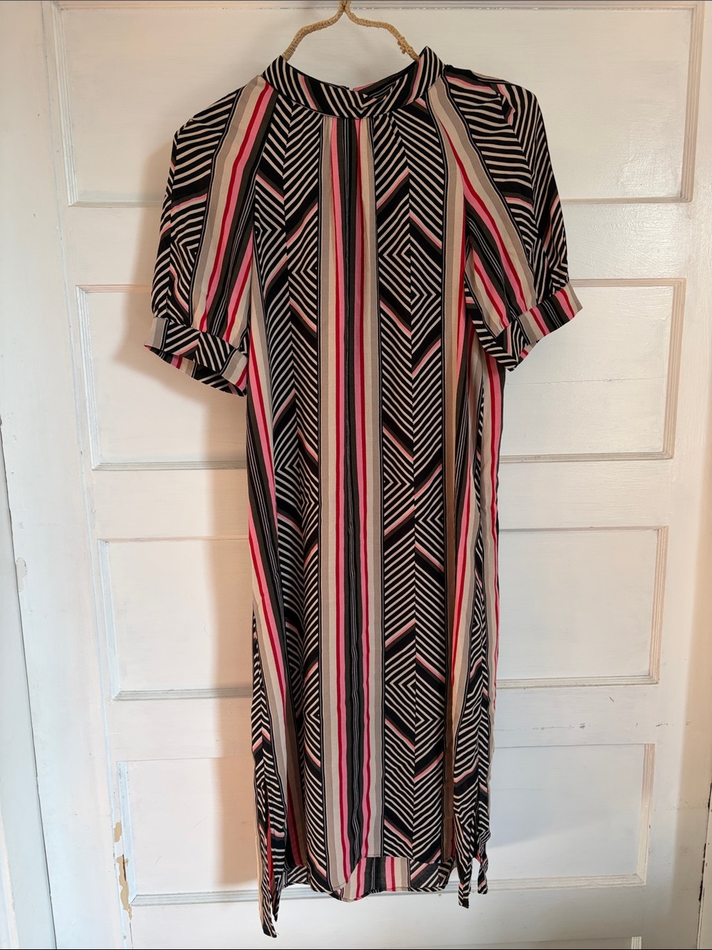 Anthropologie Black, Pink & Cream Striped Geometric Midi Dress
